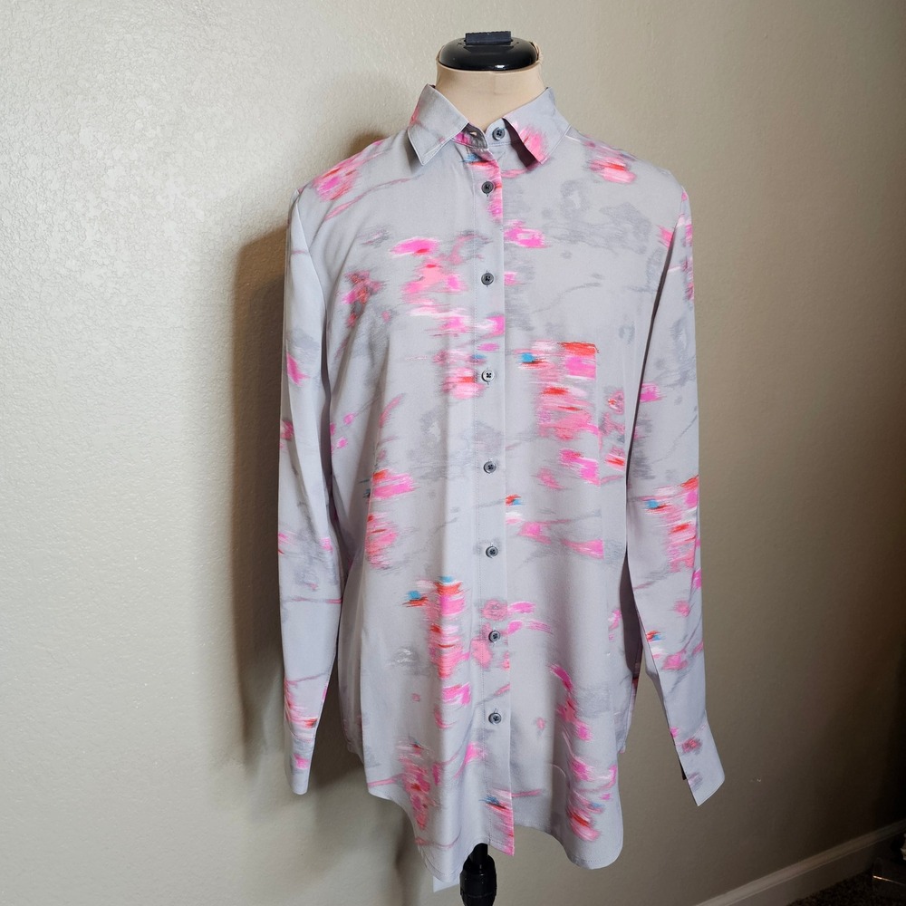 Banana Republic Dillon Shirt Womens Medium Grey Pink Abstract Print Button Down